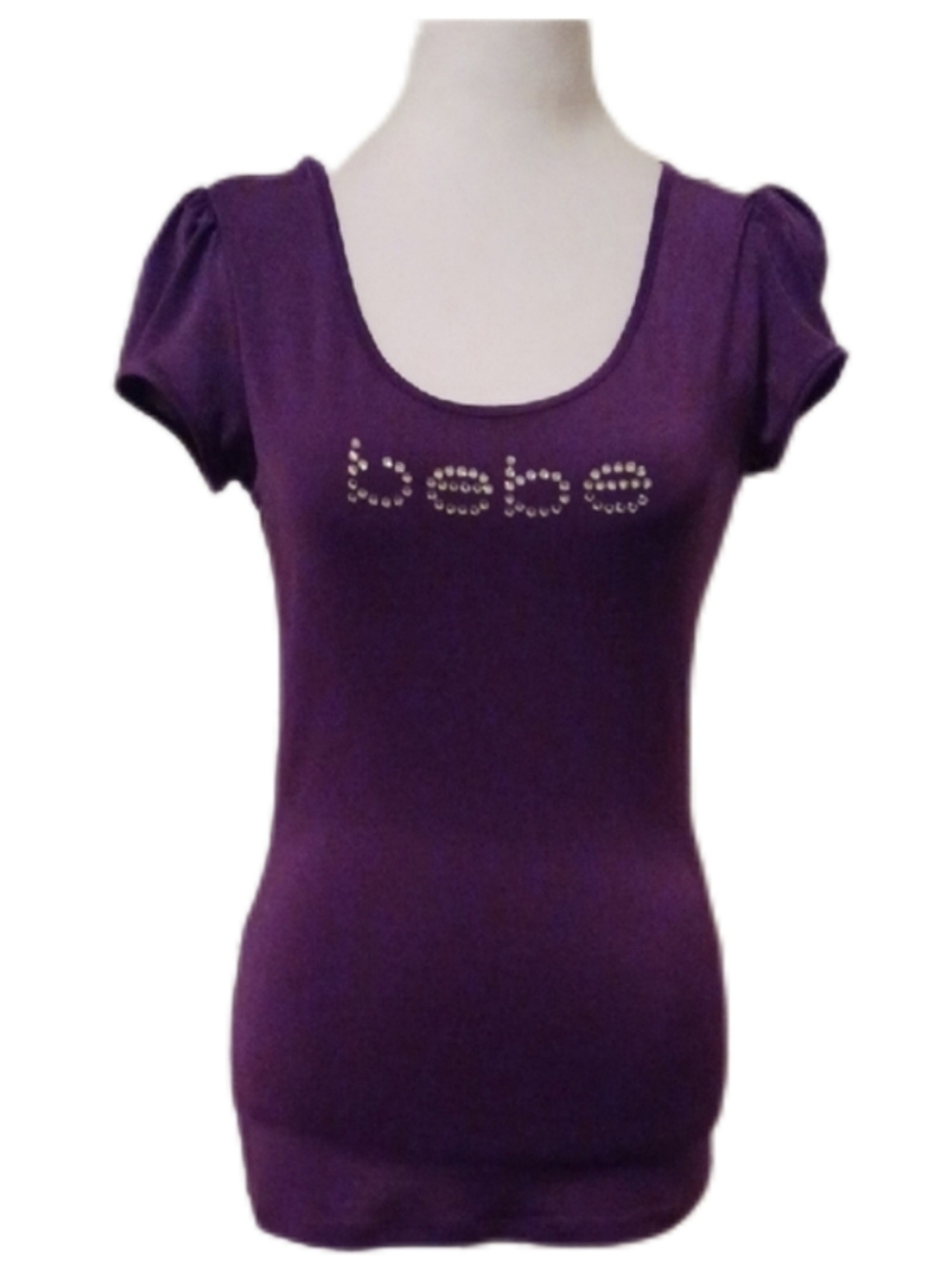 << BEBE Purple Short Sleeve Scoop Neck Top with Rhinestone Logo Women's Size M